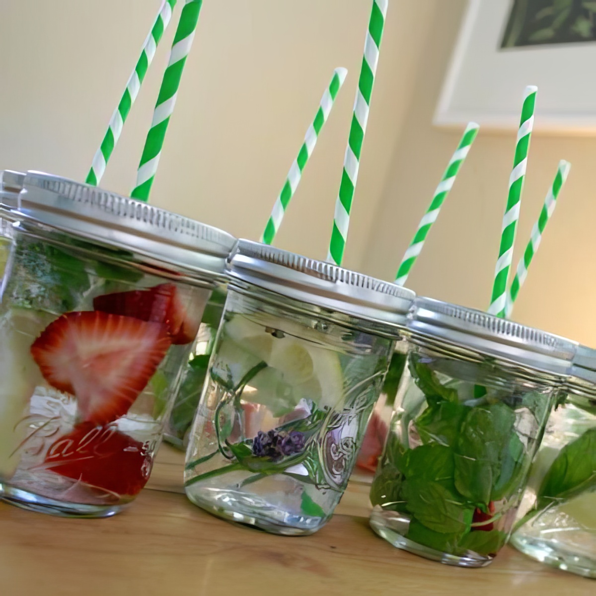 fruit and vegetable infused water for hot summer afternoons using fancy straws and mason jars