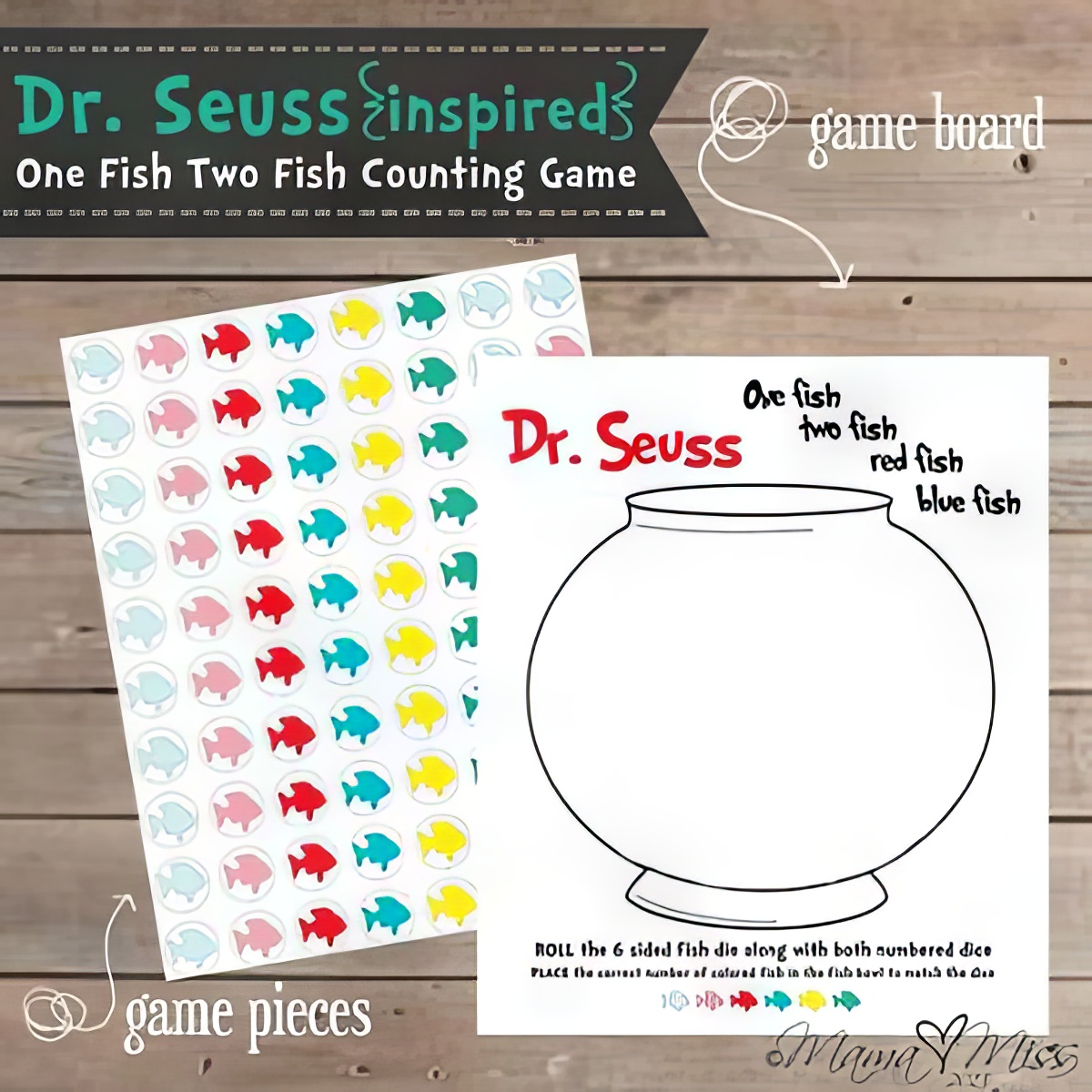 drseuss counting game with fishes and paper bowl.