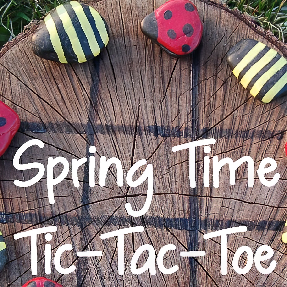 tic-tac-toe, family spring activity, tree stump activity, fun family activity