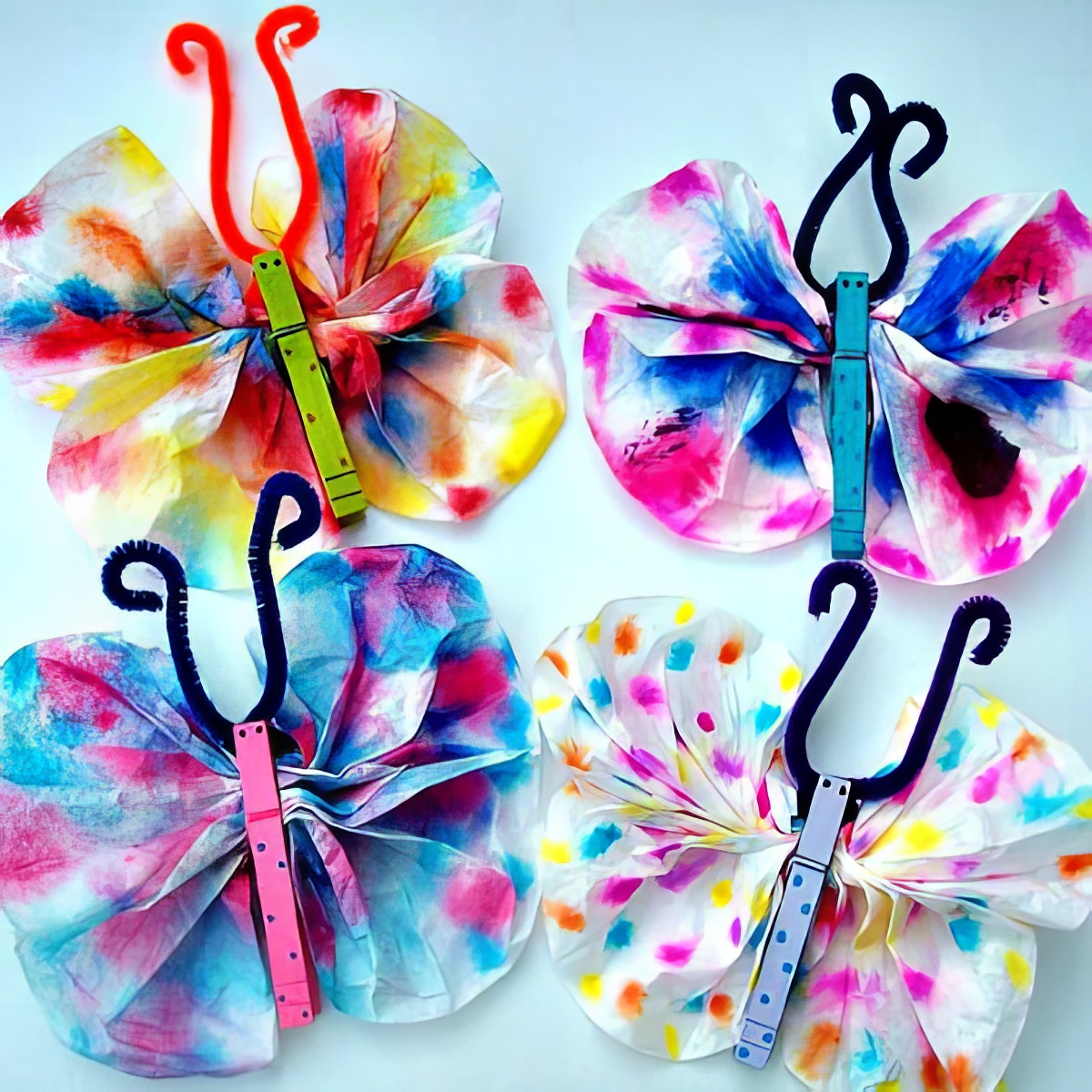 tye dye butterflies with pipe cleaners and colorful papers