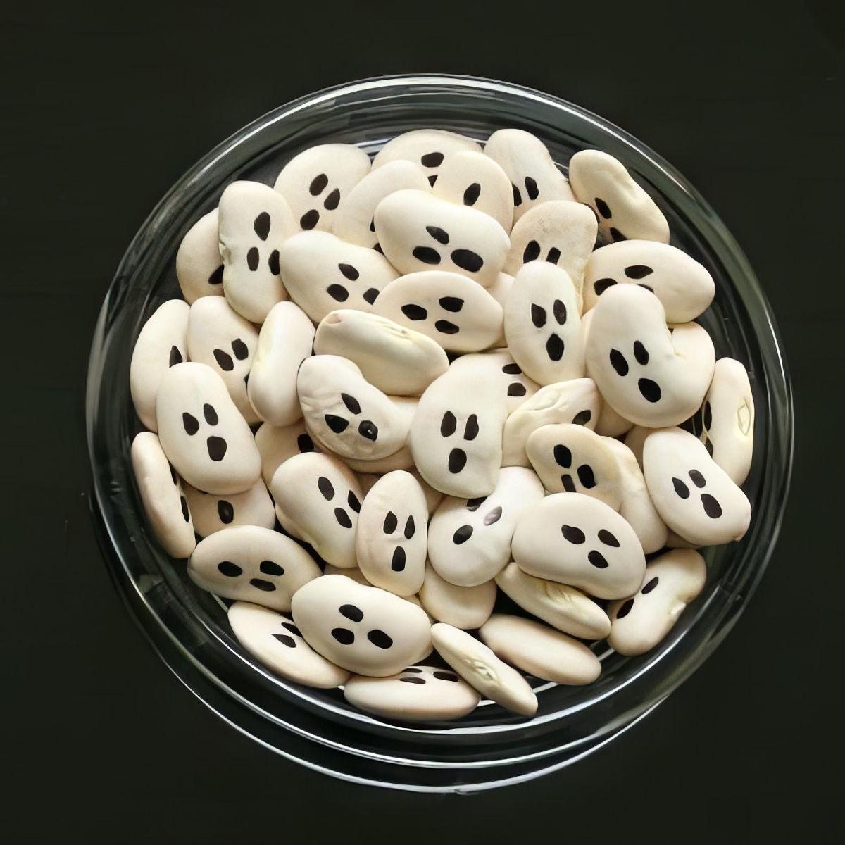 lima beans with ghost faces in a bowl as halloween activities for 4 year olds