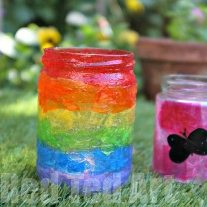 Make this colorful tissue paper Summer-Lantern-Rainbow with the kids!