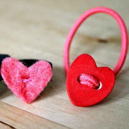 heart button hair ties, 15 valentines day hair bow crafts, bow projects, easy bow clips, clips for girls