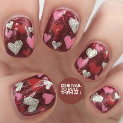 HEART RED GLITTER NAILS