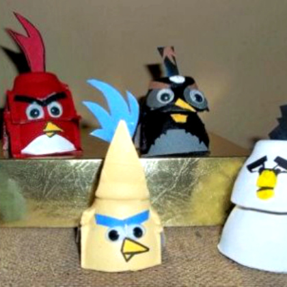 4 angry birds egg carton crafts- red bird, black bird, yellow bird and white bird