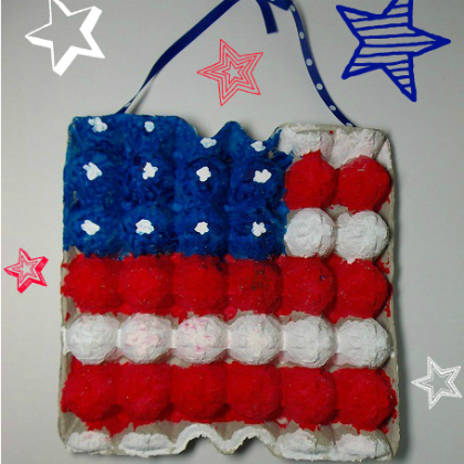 USA flag out of egg cartons with red, blue and white colors