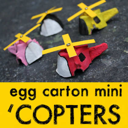 Four mini helicopters made of cartons- colors pink, black, yellow and read