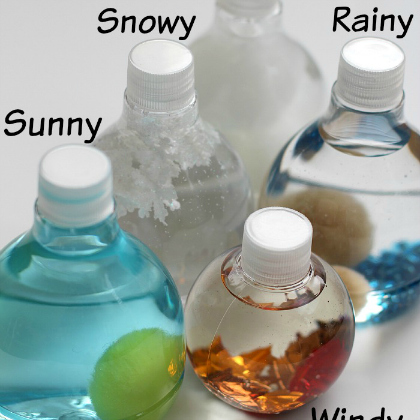 weather discovery bottle. sensory bottle. Snowy, rainy, sunny and windy