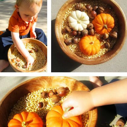 Fall Sensory Play by Mama’s Happy Hive- 3 different pictures of a sensory bin with a toddler, pumpkin, corn and acorns.