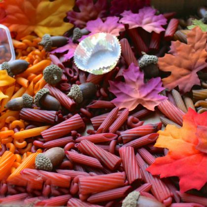 Colors of Fall Sensory Bin by Life over C’s- colored pasta, leaves and acorn