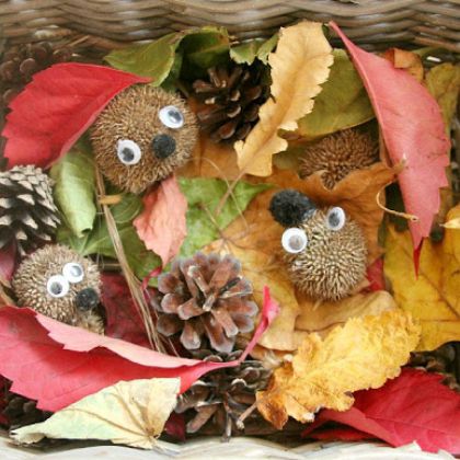 Hedgehog Hibernation (The Imagination Tree)- Three hedgehogs and leaves in a basket. Cute idea for Fall Sensory Bin