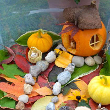Little Pumpkin House (Adventures in a Box)- Crafted pumpkin house with stones, leaves, sunflower and rabbits.