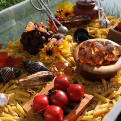 Pasta Fall Sensory Bin (Happy Hooligans)- a bin full of pinecones, chestnuts, acorns, walnuts, sunflowers, wheat, seed pods, artificial apples, leaves and flowers, miniature gourds (real or artificial), plastic gemstones or glass beads in autumn colours etc. 