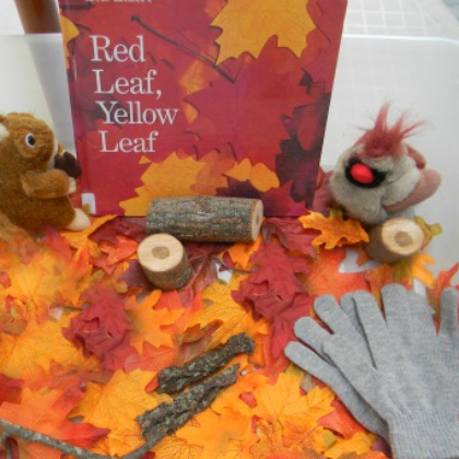 RedLeafCollage- sensory bin with a book, Red Leaf, Yellow Leaf, leaves, toys and gloves
