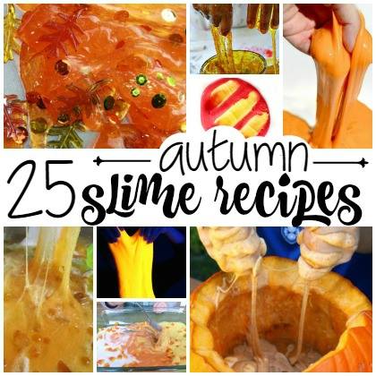 25 autumn slime recipes for kids - image shows 8 different slime recipes for kids