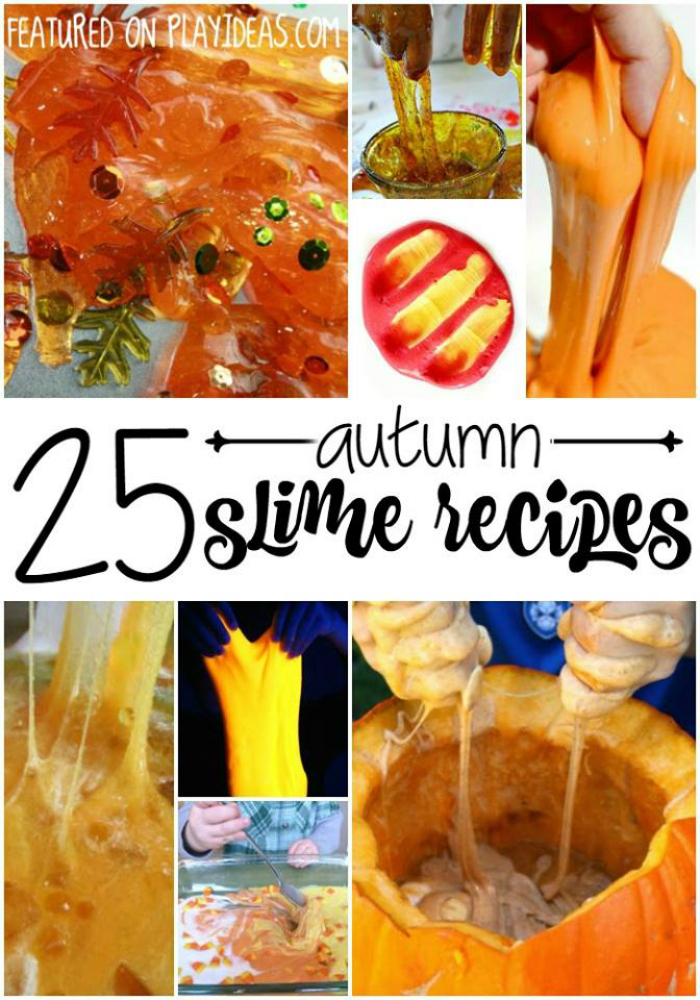 25 Autumn Slime Recipes - image shows 8 fun recipes of fall slimes