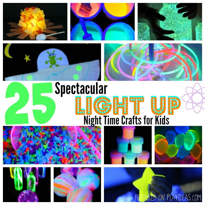 25 Spectacular Light Up Night Time Crafts for Kids Featured on Play Ideas - collage of nighttime crafts for kids