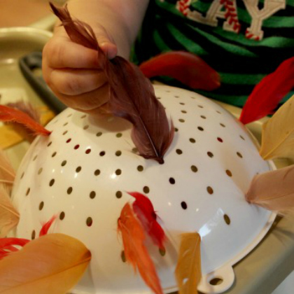 thanksgiving activities for kids, feathers and colander, Fun and Interactive Thanksgiving Activities For Kids