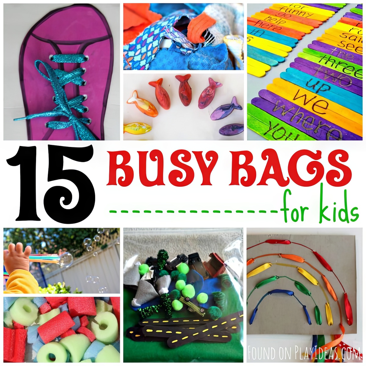 collage of 15 busy bag ideas for kids using simple materials found at home