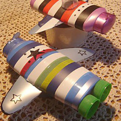 Shampoo bottle planes as paper plane crafts for kids