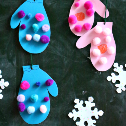 Polka-dotted Mittens Pom Pom Craft for Kids- Colorful mitten- Blue and Pink