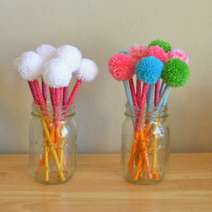 Colorful Pom Pom Pencil Toppers Craft for Kids- White, Pink, Blue and Green
