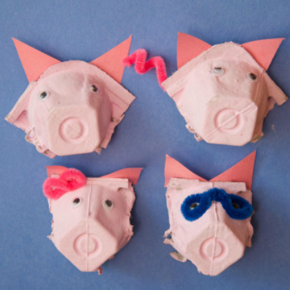 pig noses and faces. Egg carton piggy project. Pink pig craft