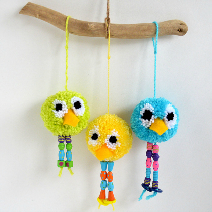 pom pom chicky birds craft for kids in 3 different colors- yellow green, yellow and sky blue