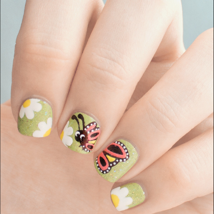 lady bug with flowers, Spring Nails, nail art, nail art ideas for kids, cute nail art ideas, colorful nail art