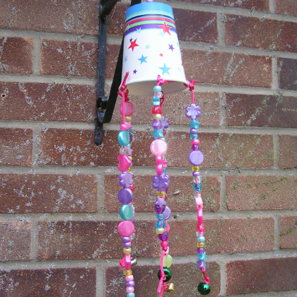 Easy Paper Cup Wind Chime Crafts for Kids made of paper cup, strings, colorful beads, jingles 