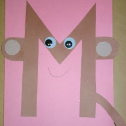Letter m is for monkey craft. Brown Monkey in pink construction paper