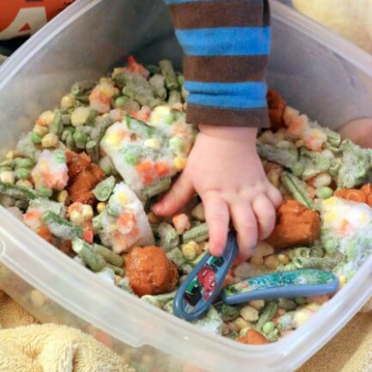 frozen veggie sensory bin for kids!