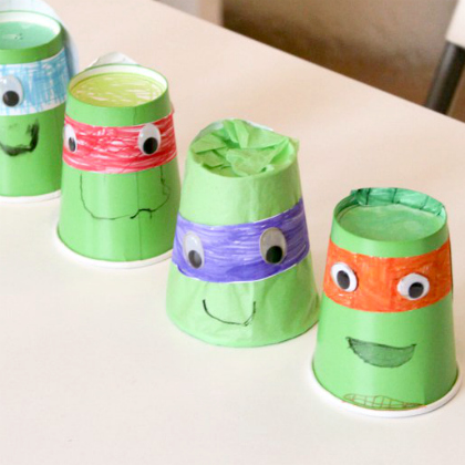 paper cup turtles, 25 Totally Tubular Ninja Turtle Crafts and Snacks Featured, cartoon-inspired crafts, cartoons, ninja turtles, fun crafts for kids