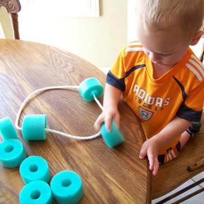 pool noodle stringing, Easy Hand and Eye Coordination Ideas for Toddlers and Babies