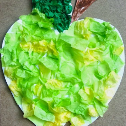 tissue paper green apple, 25 Groovy Green Crafts For Preschoolers, green crafts, crafts for preschoolers, easy diy crafts, green projects, project ideas for preschoolers, earth day ideas, green colored crafts