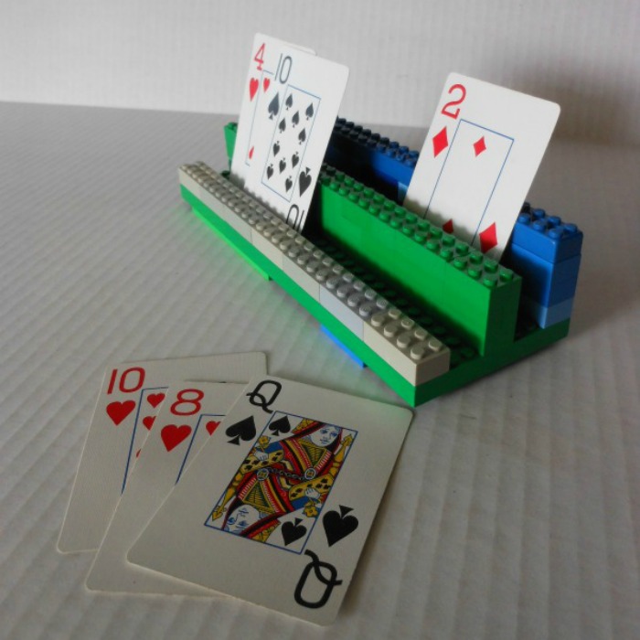 Lego Card Holder Activity for kids with 3 colors: Blue, green and gray. Useful for card games