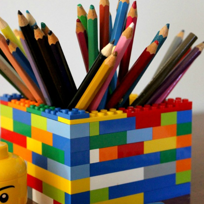 Adorable Colorful Lego Pencil Holder Activity for kids with Color Pencils on it