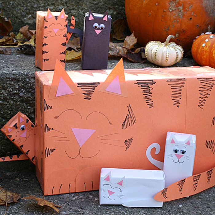  Recycled Family Cat Craft. Cereal Box Cat with Juice Box Kittens