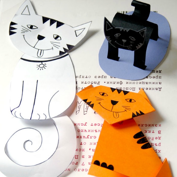 Simple Paper Cat Craft. Three cats’ stories in paper. Origami. Cat with arched back. Cats with curled tails.