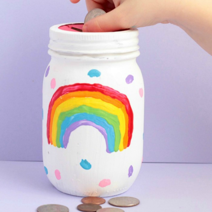 Rainbow Mason Jar Coin Bank for kids! 