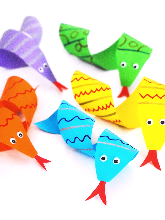 paper curl snakes in purple, orange, blue green and yellow