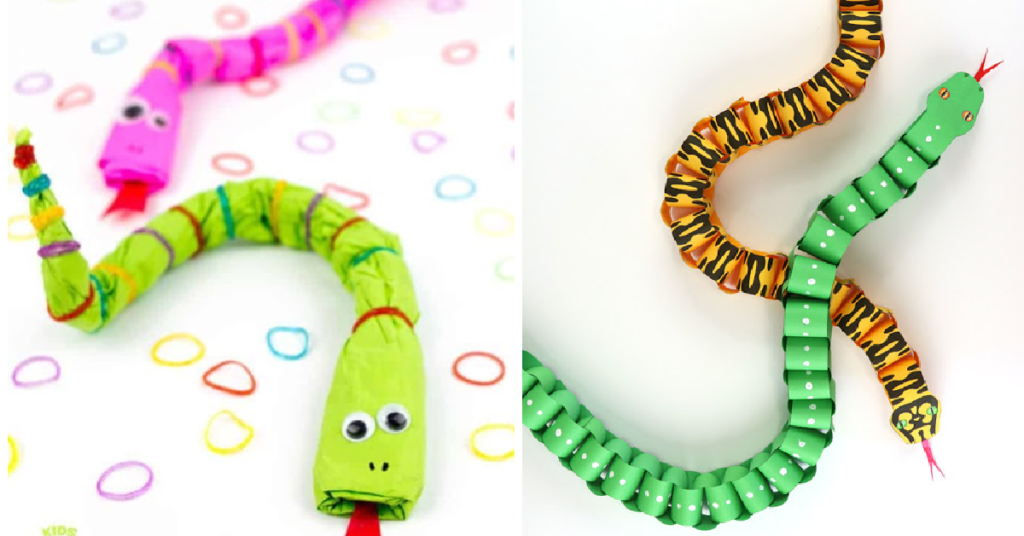 2 paper snake crafts for kids to make - one is paper and rubber bands and the other is paper chain
