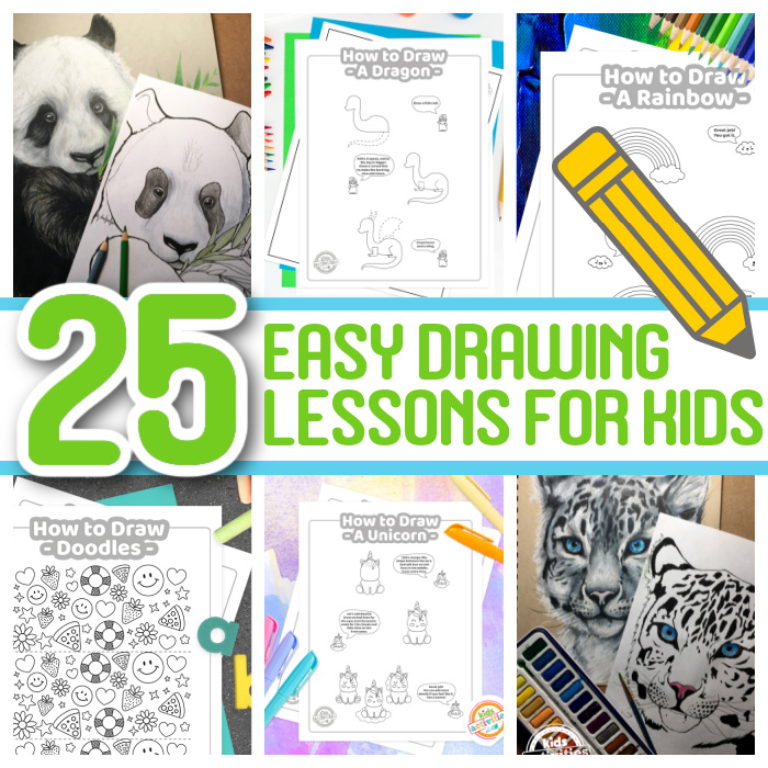 25 Easy Drawing Lessons for Kids from Play Ideas - feature collage - 6 different easy drawing tutorials for kids shown 