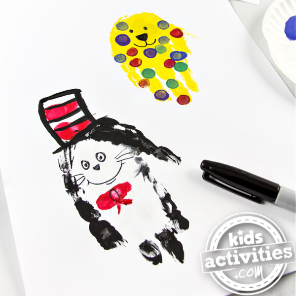 Easy handprint art for kids inspired by Dr Seuss books and characters - cat in the hat and zoo characters shown from Kids Activities Blog
