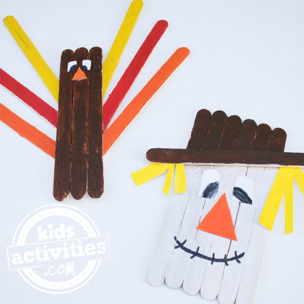 fall popsicle stick crafts for kids - craft stick scarecrow and craft stick turkey craft from Kids Activities Blog