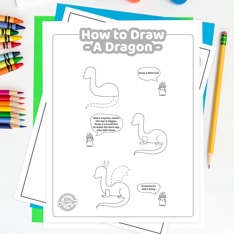 How to Draw Easy Dragon Tutorial from Kids Activities Blog - Play Ideas - steps to draw a dragon easy for kids shown with a pencil and colored pencils