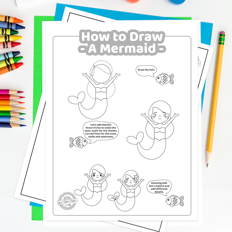 How to Draw Easy Mermaid Tutorial from Kids Activities Blog - Play Ideas - final steps shown of the mermaid drawing lesson pdf printable