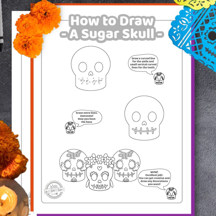 How to Draw Sugar Skull Tutorial from Kids Activities Blog - Play Ideas - simple steps shown on printed pdf paper surrounded by colorful art