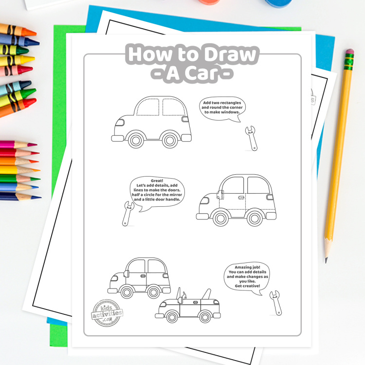 pdf printed instructions of steps to draw a car easy version - last 3 steps shown with colored pencils and pencil with Kids Activities Blog logo