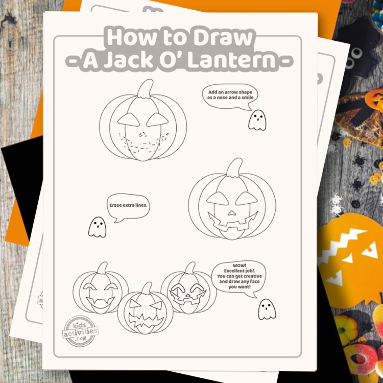 How to Draw a jack o lantern shown on printed pdf tutorial steps of last page with Kids Activities Blog logo